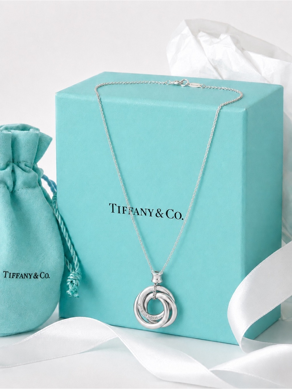 Authenticated Tiffany & Co. Interlocking Circles Pendant Necklace Silver 18”